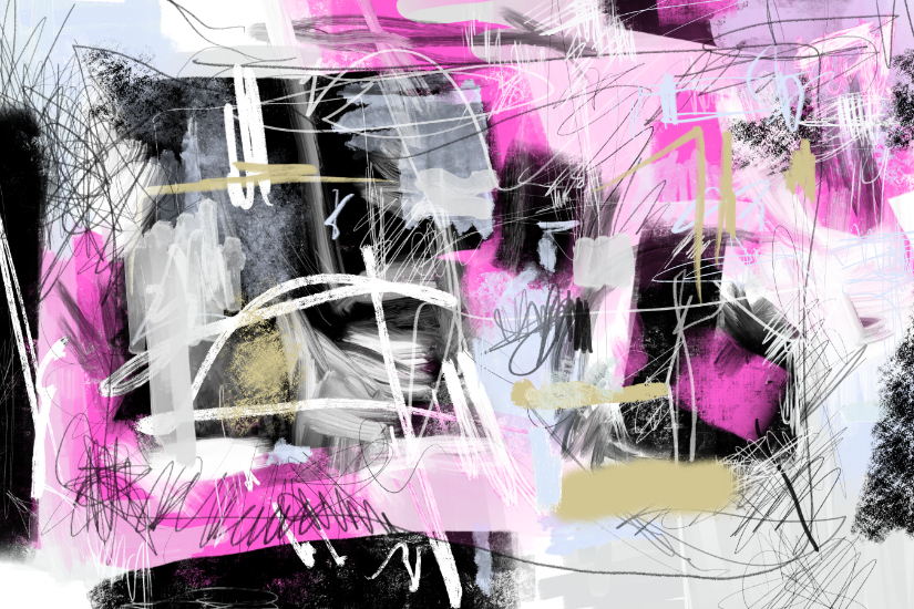 Layered graffiti-like marks and textured blocks form a cathedral-like vertical abstraction with pink highlights.