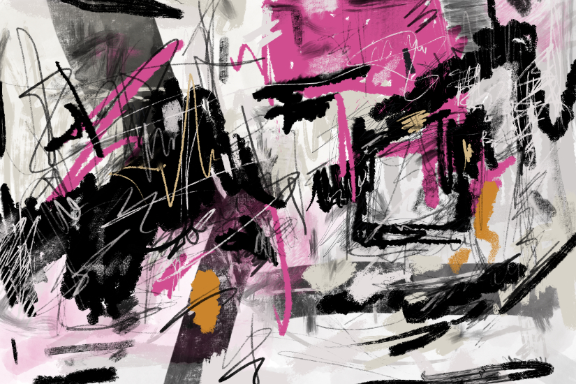 Layered abstract composition with energetic graffiti-inspired scribbles, bold black strokes, textured smudges, and fragmented geometric forms.