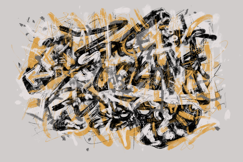 Abstract street art–inspired composition with intertwined black, white, and orange scribbles and bold strokes, creating an urban, wall-like texture on a light background.