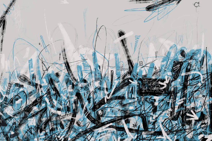 Layered abstract graffiti composition with bold black strokes, white scratches, and cyan marks forming a dense lower band beneath an open pale upper space.