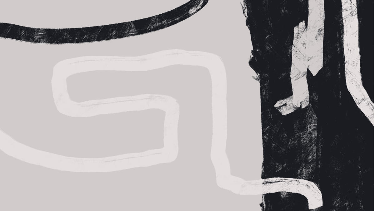 Abstract black-and-white maze-like lines inside a pale gray frame on a dark textured background