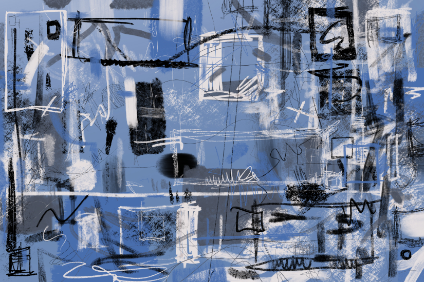 Blue-black-white abstract artwork with stacked geometric blocks, scribbles, and urban textures.