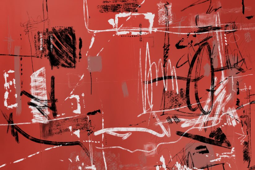 Large abstract composition on vivid red, layered with black-and-white graffiti lines, textured strokes, rectangles, and sweeping curves.