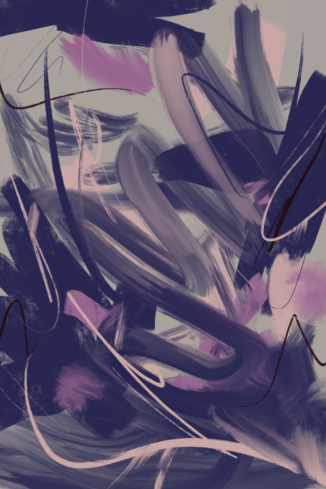 Layered abstract digital artwork with bold indigo strokes, smoky grey sweeps, and soft pink marks, forming looping calligraphic motion.