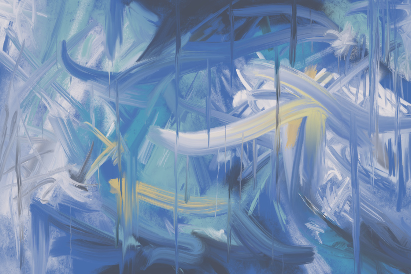 Layered abstract composition in cool blues and teals with broad arc-shaped brushstrokes, thin vertical drips, hazy textures, and warm yellow accents suggesting thaw and movement.