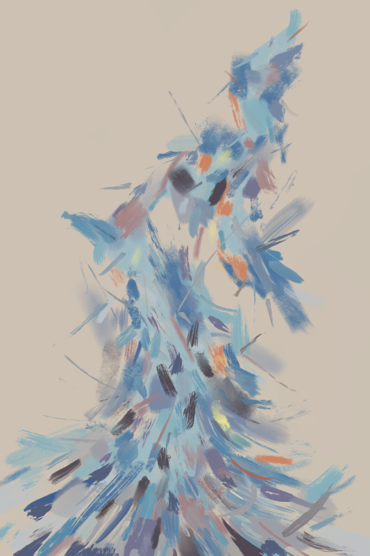 Expressive abstract digital painting in cool blues, gray-violets, and soft orange marks, suggesting an upward-moving form built from loose, fractured brushwork on beige.
