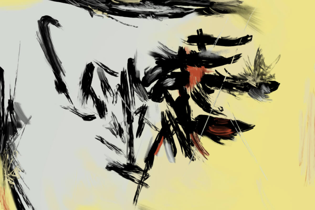 Abstract expressionist digital artwork with sharp black gestural strokes across a pale gray and soft yellow background, accented by touches of red and gray, evoking a scorched landscape or fractured branches.