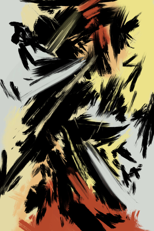 Expressive mark-making abstract with layered black gestures, sharp gray sweeps, and ember-orange touches across a soft beige/gray field.