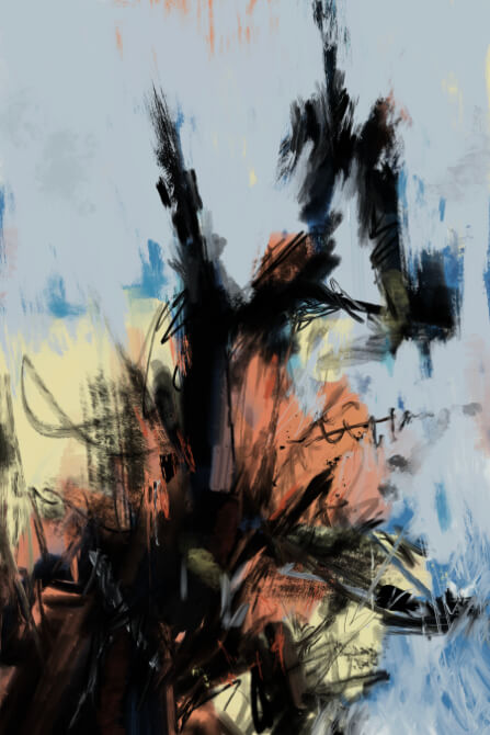 “Bad Spell” abstract digital artwork featuring aggressive black gestures and scratchy marks layered over warm rust, cream, and soft blue areas, expressing a passing dark emotional state.