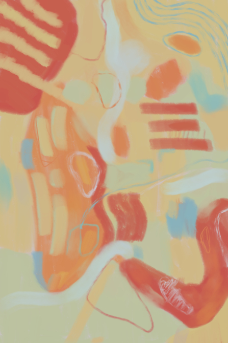 Layered abstract composition with sweeping red gestures, pale blue accents, and faint linear traces over a warm beige field.