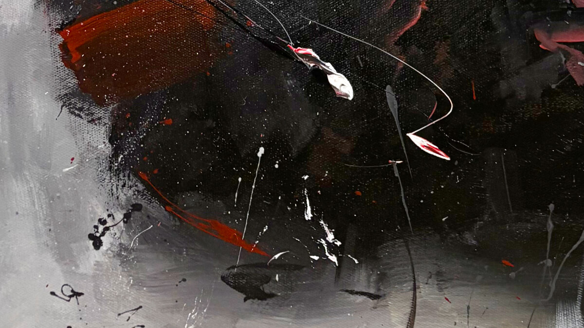 Dark abstract painting with black textured strokes and explosive splashes of white, red, and blue on a pale background.