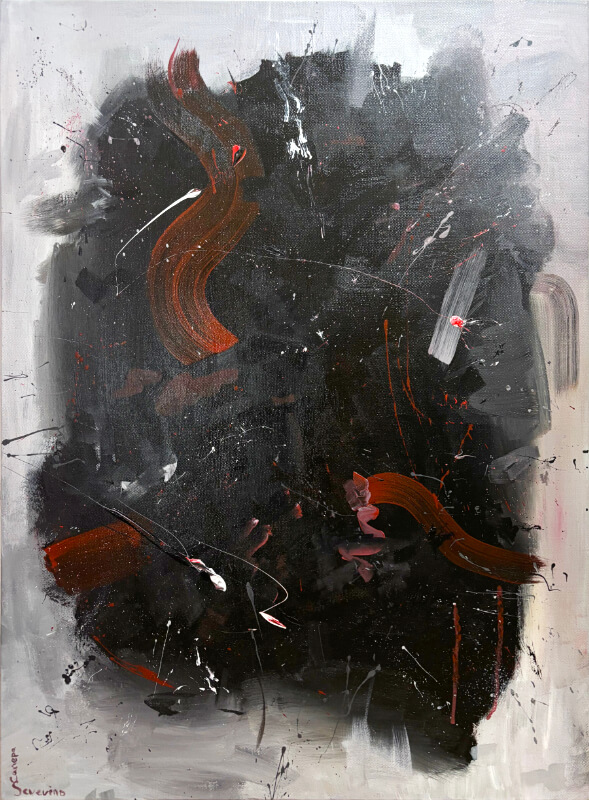 Abstract expressionist artwork featuring dense black mark-making, chaotic layered textures, and scattered bursts of white, red, and blue, suggesting inner tension and emotional release.