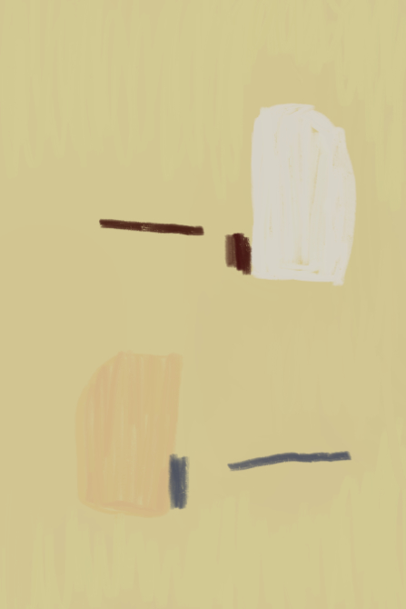 Minimalist abstract composition on a pale beige field with a white vertical shape, small dark accents, and soft peach and blue-gray marks.