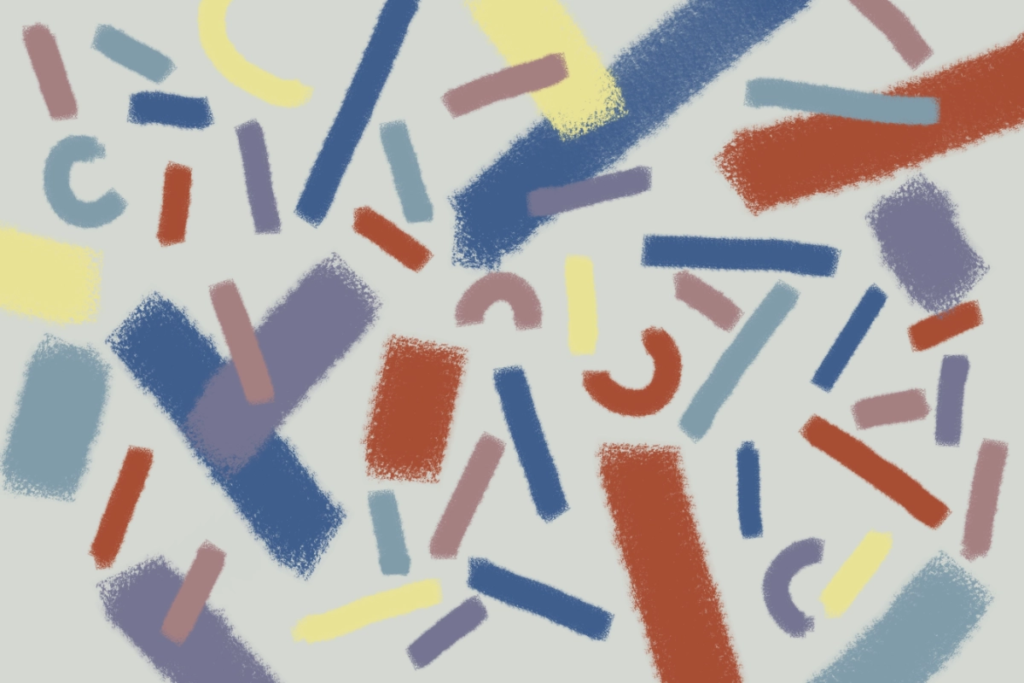 Abstract digital artwork on a light gray background with scattered textured strokes, bars, and curved shapes in deep blue, red-orange, pale yellow, lavender, and dusty pink.