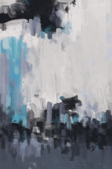 Atmospheric abstract cityscape where smog and low clouds blend together, softening the skyline into blurred blocks, a vertical tower-like form, and drifting marks.