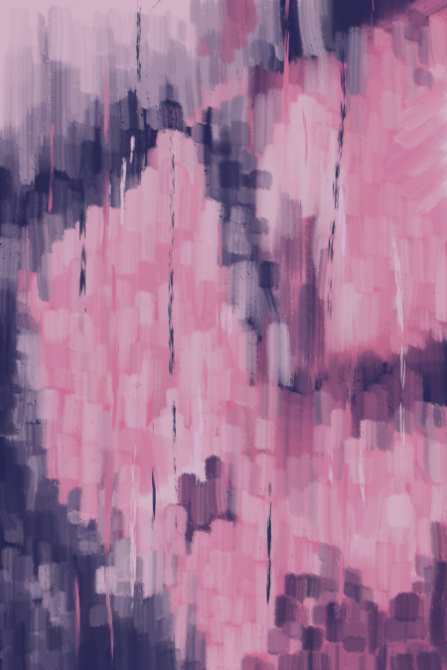 Tonal magenta-violet abstract digital artwork with soft haze, stacked brush blocks, and rainlike vertical streaks.