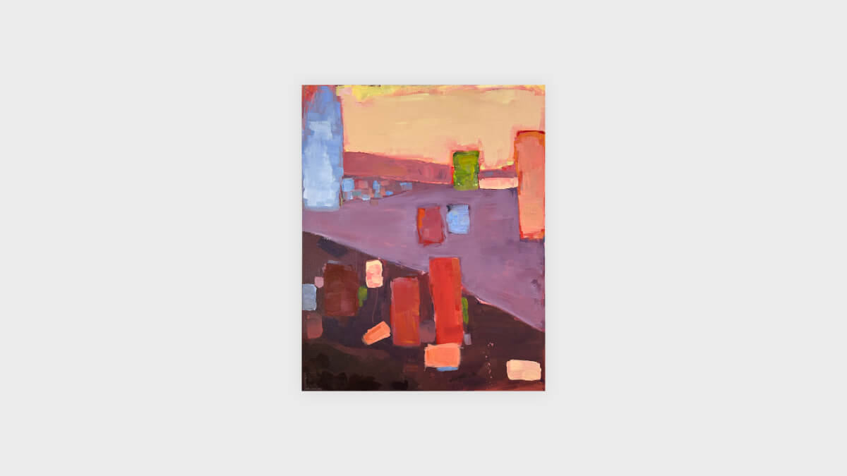 Abstract geometric painting with a diagonal path leading toward a central lake at dusk, framed by warm orange and cool blue blocks.