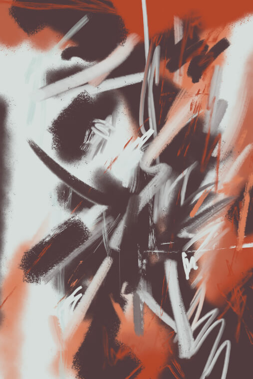 Abstract painting in orange, black, white, and soft gray, featuring layered gestural marks, sweeping strokes, and smoky textures that suggest movement, tension, and heat.