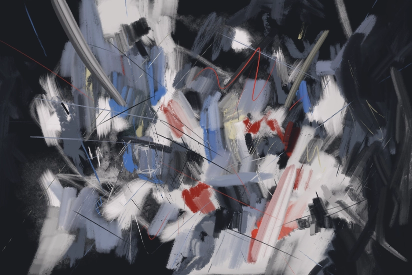 “Faultline Chorus” abstract digital painting: layered white, gray, and blue gestures over deep black, intersected by fine black linework and bursts of red, forming a chaotic, faultline-like composition.