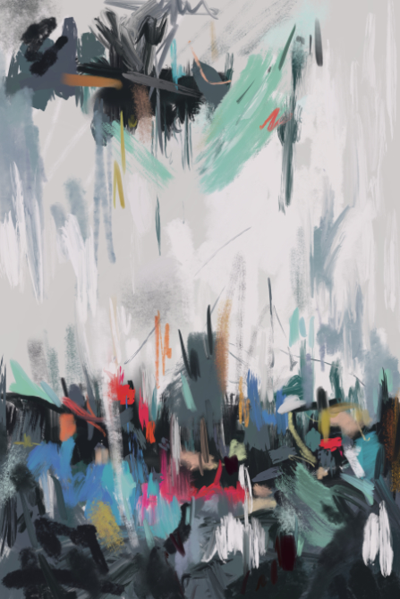 Imaginary abstract cityscape beneath falling snow—pale sky above dense, textured marks and vivid color fragments below.