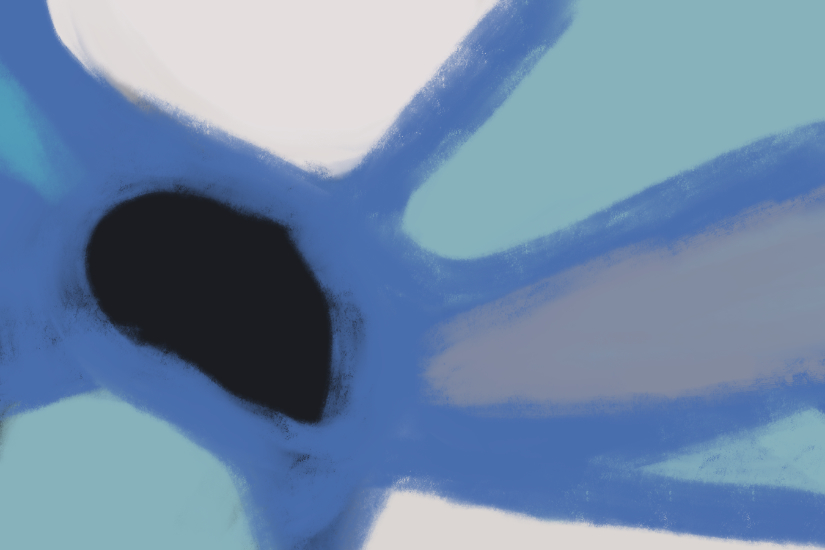 Abstract digital artwork with layered blue forms and pale teal/white fields radiating around a dark central shape, with blurred, airbrushed textures.