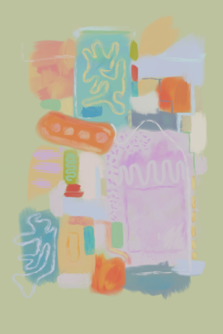 Layered abstract digital composition of stacked rounded rectangles, blocks, and soft brush textures, featuring repeated handprint-like outlines that suggest human presence within a modular, interface-like structure.