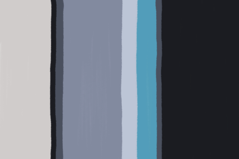 Minimalist digital painting composed of vertical bands in pale gray, blue-gray, white, turquoise, and near-black, with soft blurred edges and a calm, quiet atmosphere.