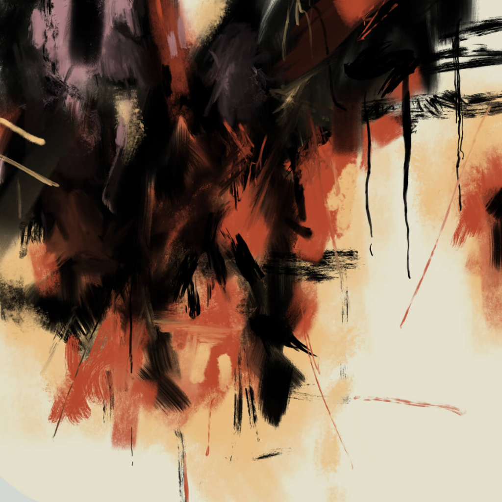 Abstract artwork with bold black brushstrokes and warm red-orange tones, suggesting a quiet inner fire glowing through darkness.