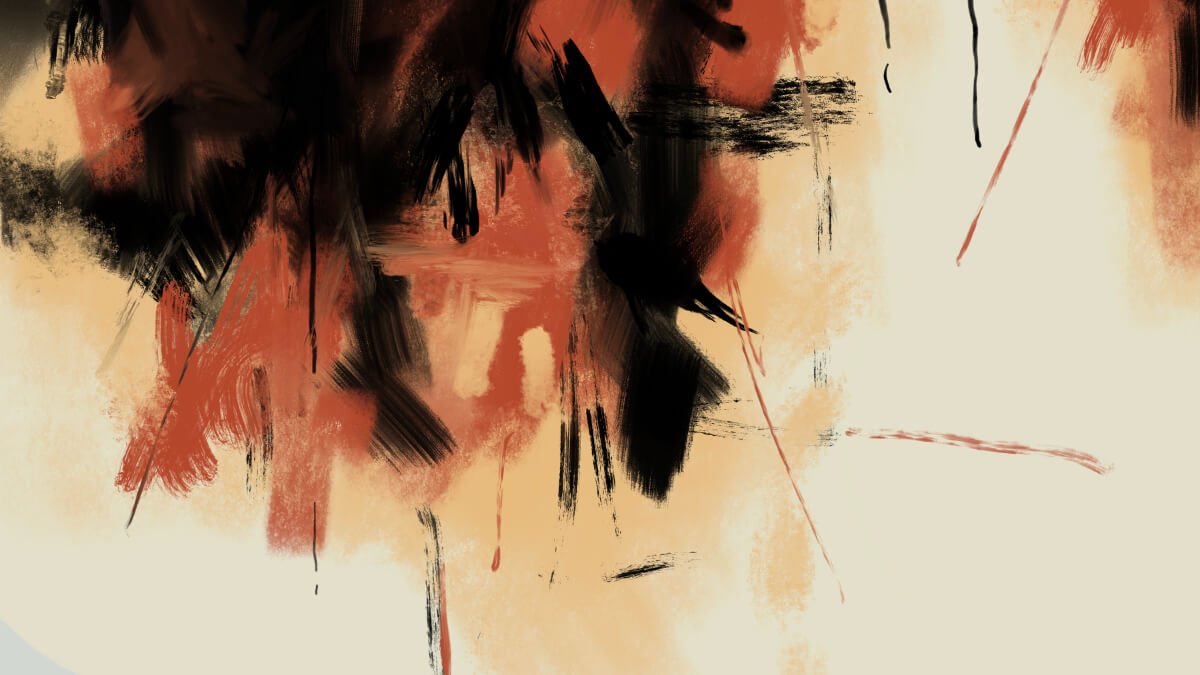 Abstract digital painting with black expressive brushstrokes, warm red-orange textures, and soft cream light, evoking an inner fire glowing through darkness.
