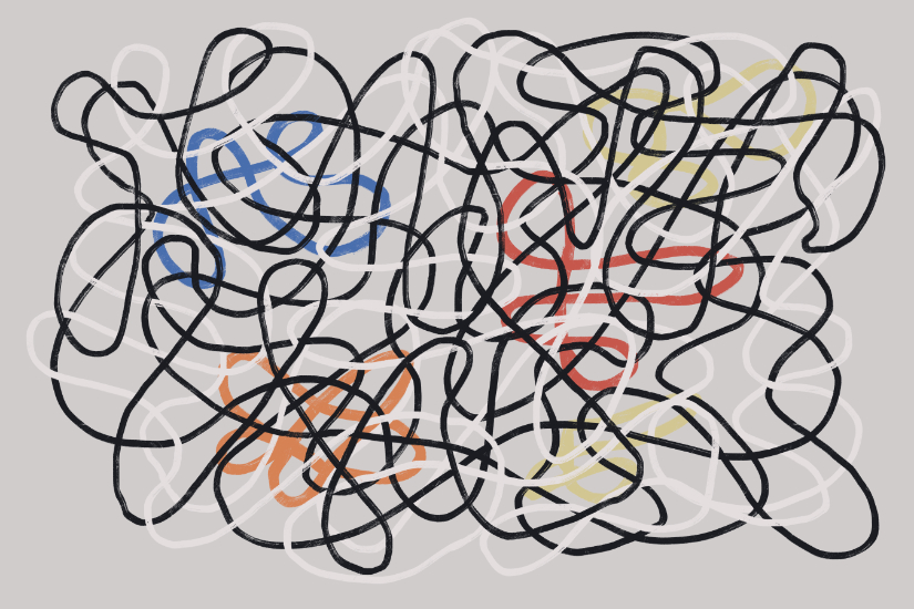Gestural abstract drawing of dense black ribbon-like loops over a pale gray field, layered with soft white trails and bright color marks.