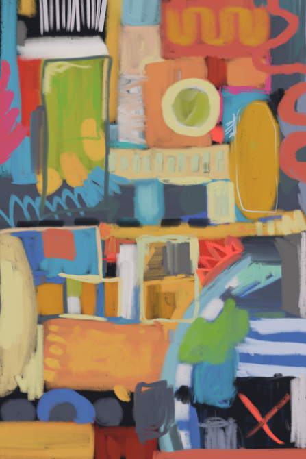 Large abstract composition of stacked color fields, rough brushstrokes, and graphic symbols, balancing structure and chaos like a late-night mental map.