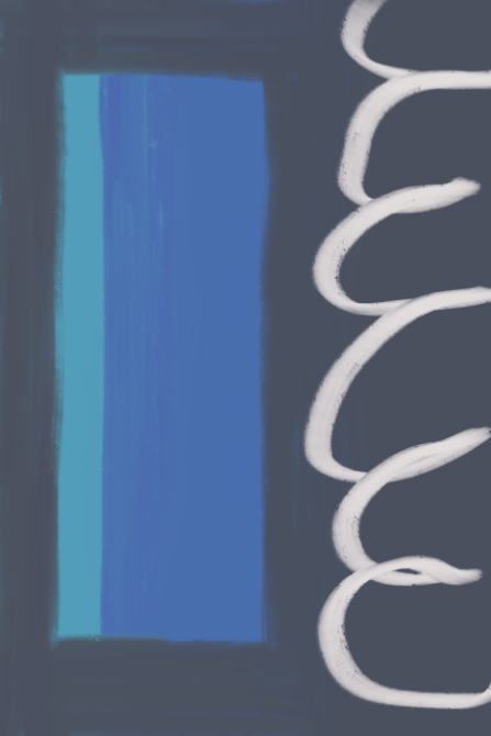 Minimalist digital artwork showing a framed rectangular block and a flowing white coil-like line against a dark background.