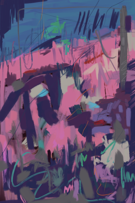 Energetic abstract digital painting built from thick brushstrokes, scratches, and looping lines, forming a dense, signal-like composition with strong contrast and motion.