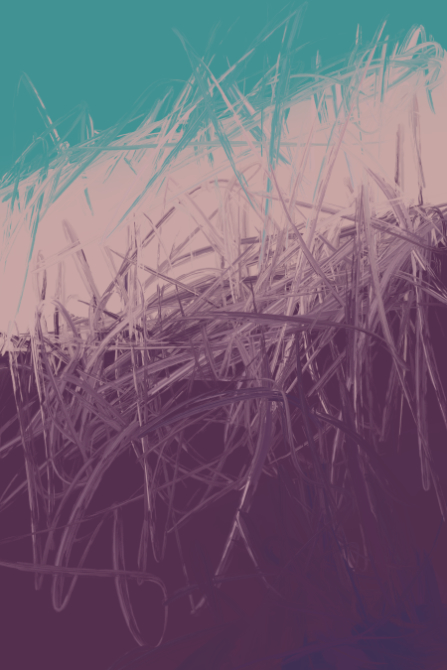 Abstract digital painting of sharp, tangled, grass-like lines layered over a misty gradient, suggesting wind, motion, and tension.
