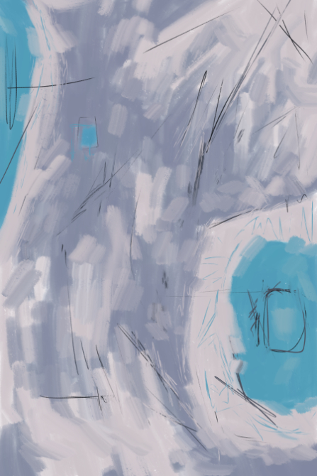 Minimalist abstract composition on a pale beige field with a white vertical shape, small dark accents, and soft peach and blue-gray marks.