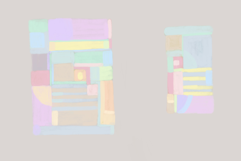 Abstract digital painting featuring two floating rectangular panels built from translucent pastel blocks and stripes, creating a calm, architectural grid against a muted grey-beige backdrop.