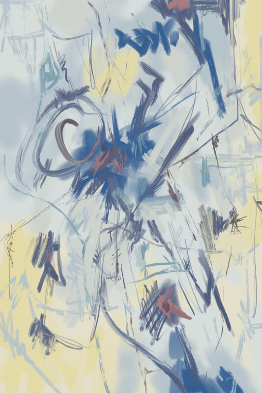 Abstract digital painting with layered blue, gray, and pale yellow marks, featuring loose sketch lines, bold navy strokes, and subtle warm accents that suggest motion and airy energy.