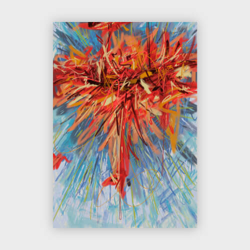 A compact preview of a fiery central blaze in warm reds and golds with a cool blue background, simplified shapes suggesting energy and ascent.