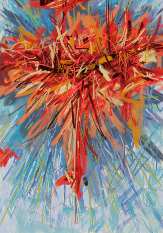 A large mixed-media painting titled Blaze of Rebirth.