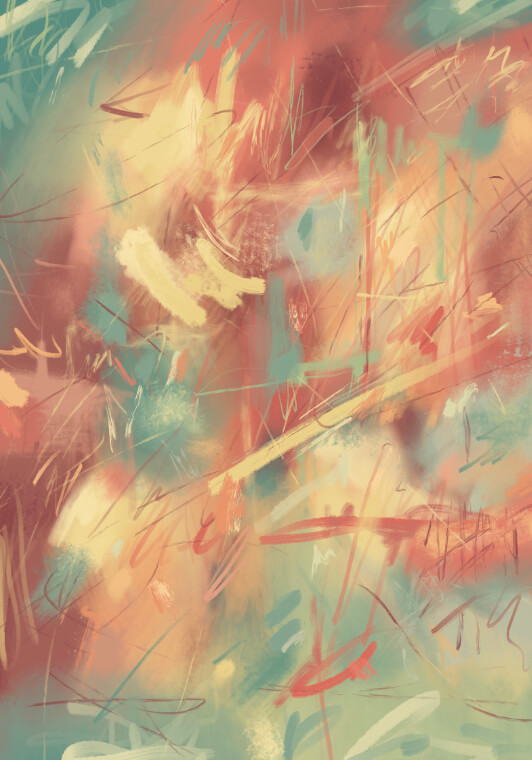 Abstract digital artwork featuring coral, cream, and turquoise colors with energetic scribbled lines, painterly textures, and a hazy atmosphere of motion and emotion.