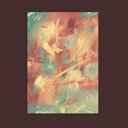 Abstract digital painting with warm coral, pale yellow, and turquoise tones, filled with loose expressive marks and soft layered movement.