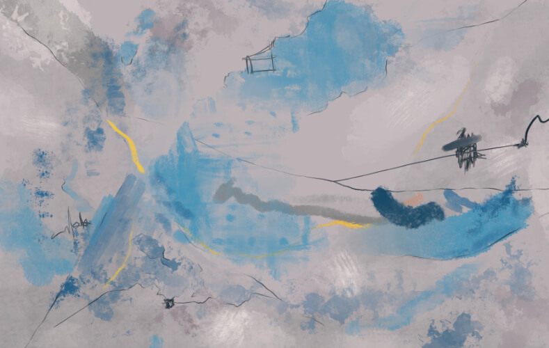 Abstract painting in pale blue and grey with black gestural lines and yellow accents suggesting a soft horizon.