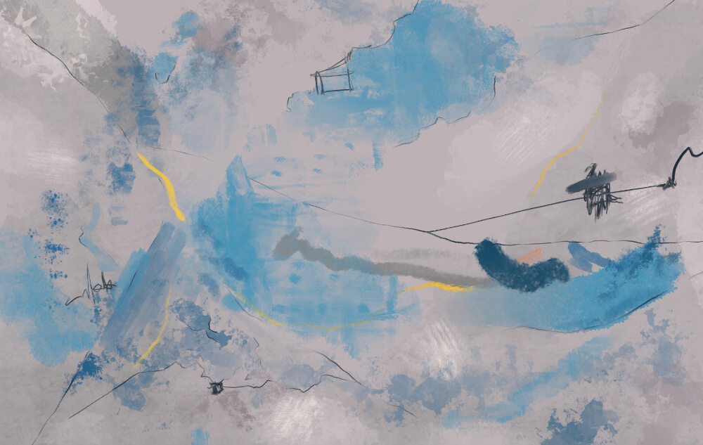 Abstract artwork with layered blue and grey textures, fine black linear marks, and yellow highlights evoking a distant horizon.