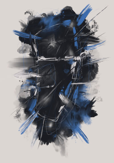 Abstract digital artwork with black and blue brushstrokes, white sketch lines, and a vertical composition on a light background.