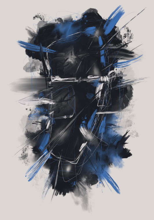 Vertical abstract digital painting featuring deep black masses, electric blue gestural strokes, smoky gray textures, and fine white linear marks on a pale background.