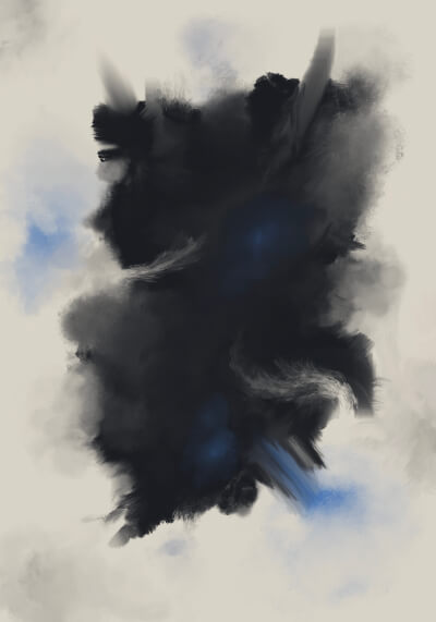 Abstract painting featuring a central irregular black mass with smoky blue highlights on a pale beige field, suggesting metamorphosis and transformation.
