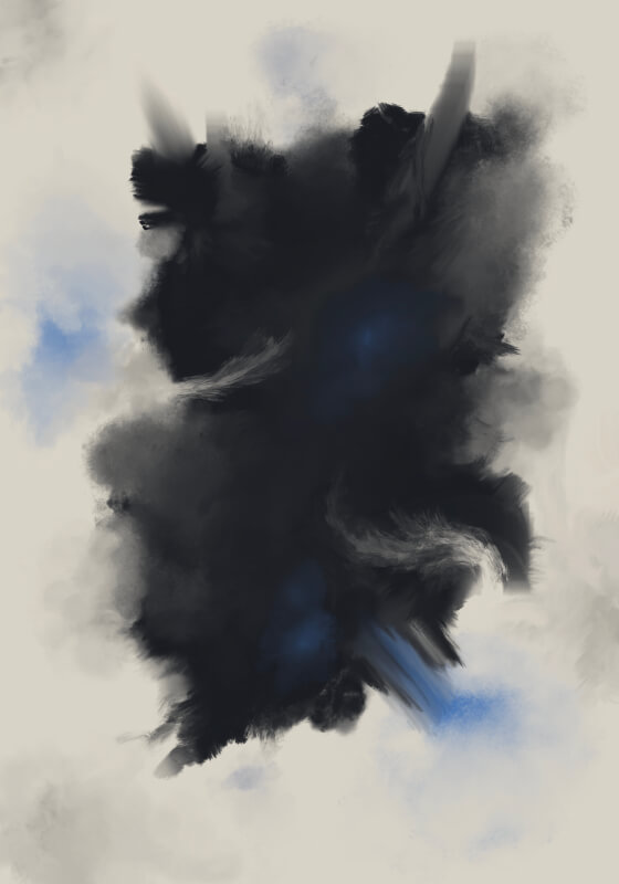 Close-up view of the artwork showing a sculptural black form with blue glow against a warm beige background, conveying movement, change, and contemplation.
