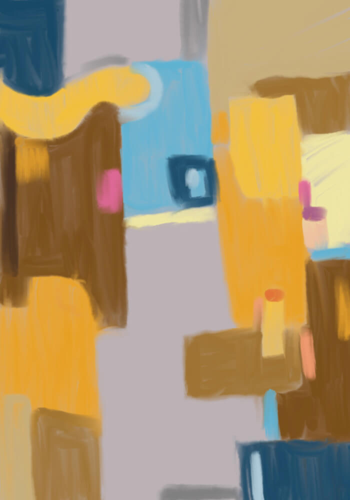 Abstract painting featuring soft blurred geometric forms in ochre, beige, brown, pale blue, and pink, arranged like a fragmented architectural landscape.