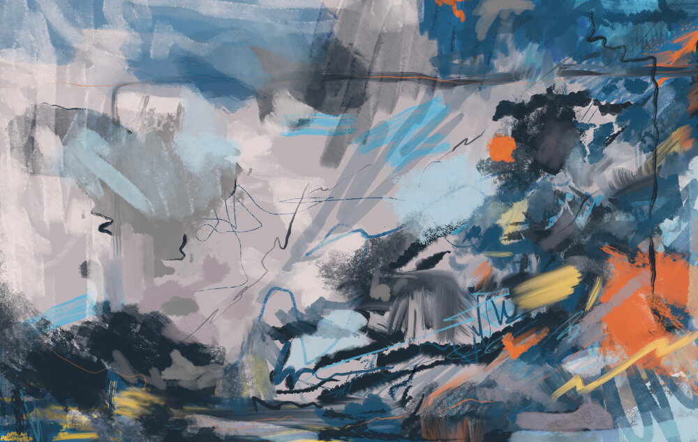 Large abstract digital artwork with smoky blue and grey textures, black gestural lines, and vivid orange accents in a turbulent composition.