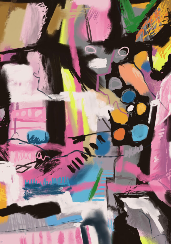 Abstract digital composition with bold black forms, pink and white painted areas, blue and yellow accents, scribbled lines, and layered textures suggesting collision, movement, and visual tension